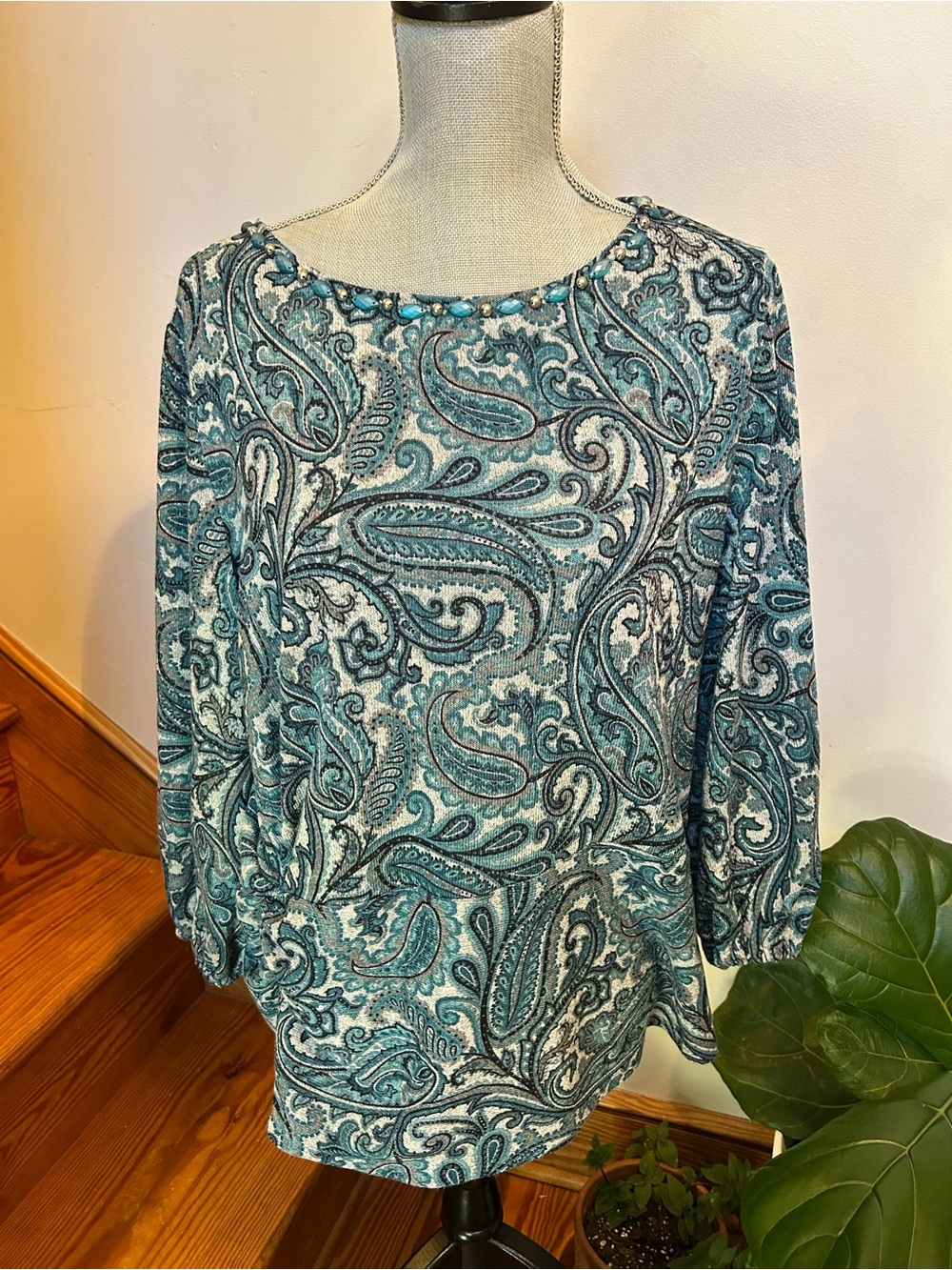 Ruby Rd. Teal and White Paisley Boatneck Blouse